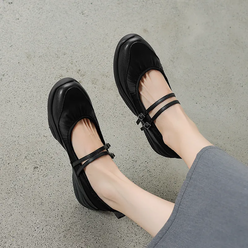 Comfortable sporty platform double-breasted Mary Jane shoes for spring and autumn, low-heeled, flat, round-toe, black and silver genuine leather.