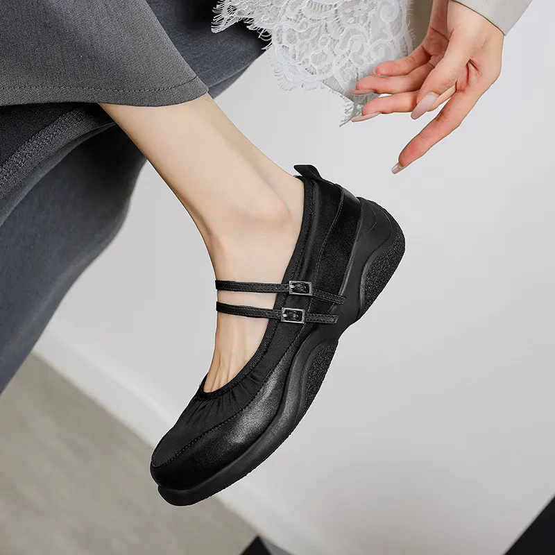 Comfortable sporty platform double-breasted Mary Jane shoes for spring and autumn, low-heeled, flat, round-toe, black and silver genuine leather.