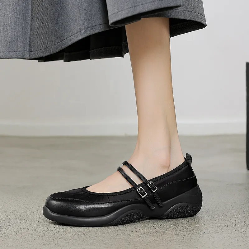 Comfortable sporty platform double-breasted Mary Jane shoes for spring and autumn, low-heeled, flat, round-toe, black and silver genuine leather.