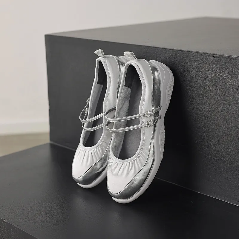 Comfortable sporty platform double-breasted Mary Jane shoes for spring and autumn, low-heeled, flat, round-toe, black and silver genuine leather.