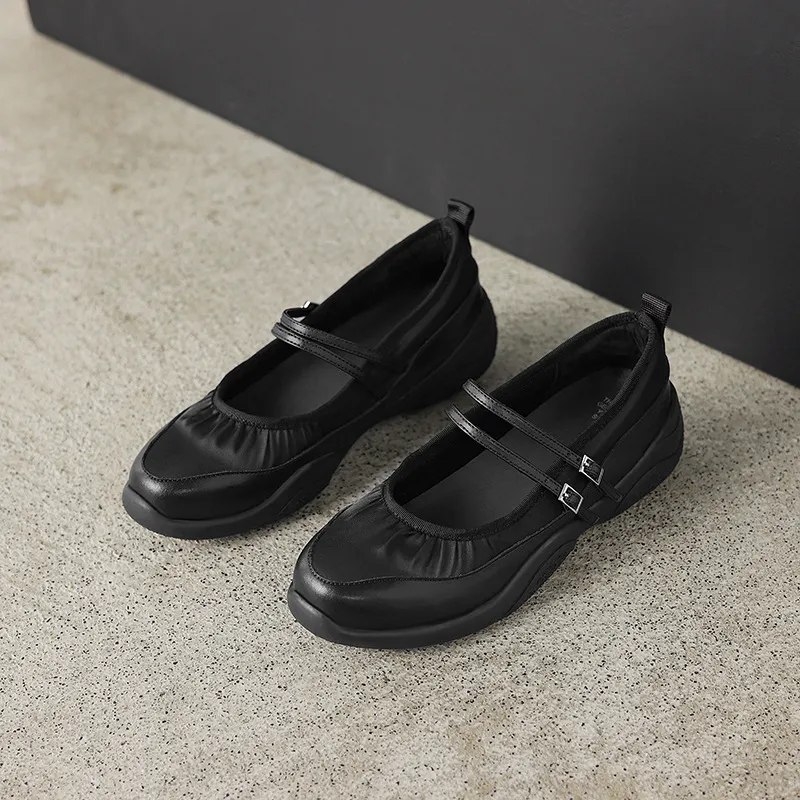 Comfortable sporty platform double-breasted Mary Jane shoes for spring and autumn, low-heeled, flat, round-toe, black and silver genuine leather.