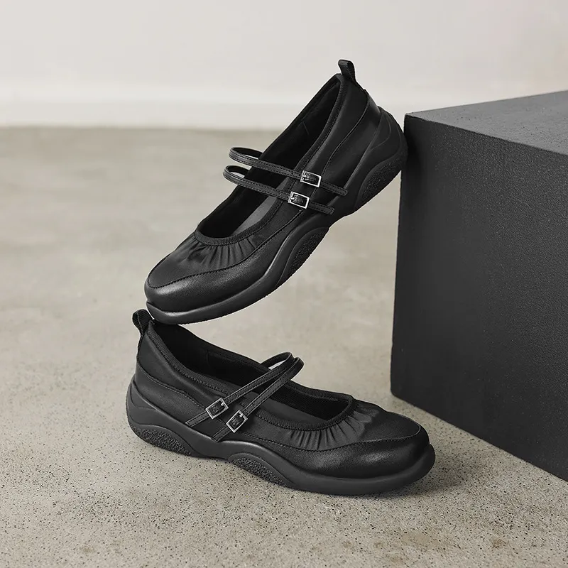 Comfortable sporty platform double-breasted Mary Jane shoes for spring and autumn, low-heeled, flat, round-toe, black and silver genuine leather.