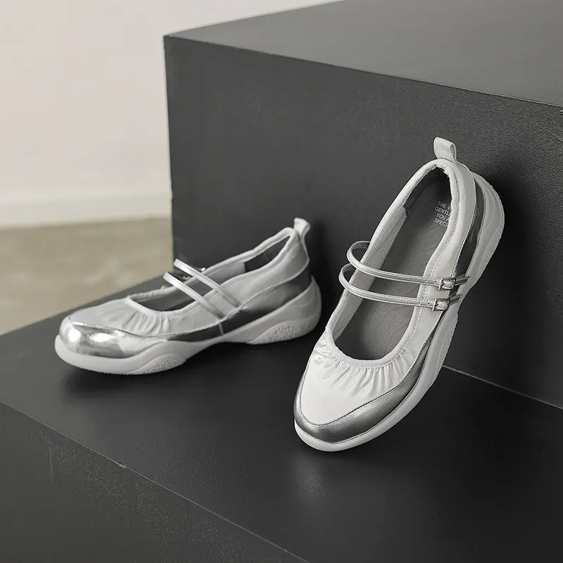 Comfortable sporty platform double-breasted Mary Jane shoes for spring and autumn, low-heeled, flat, round-toe, black and silver genuine leather.