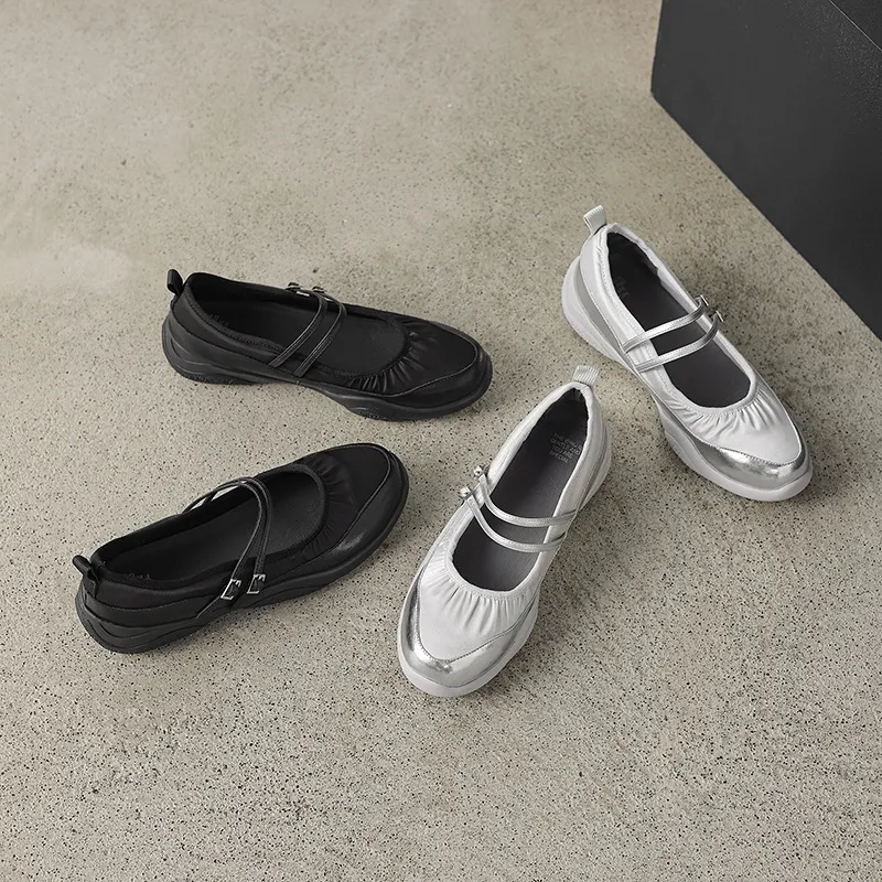 Comfortable sporty platform double-breasted Mary Jane shoes for spring and autumn, low-heeled, flat, round-toe, black and silver genuine leather.