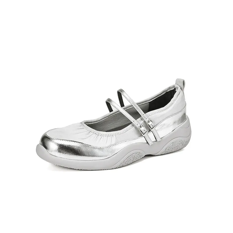Comfortable sporty platform double-breasted Mary Jane shoes for spring and autumn, low-heeled, flat, round-toe, black and silver genuine leather.