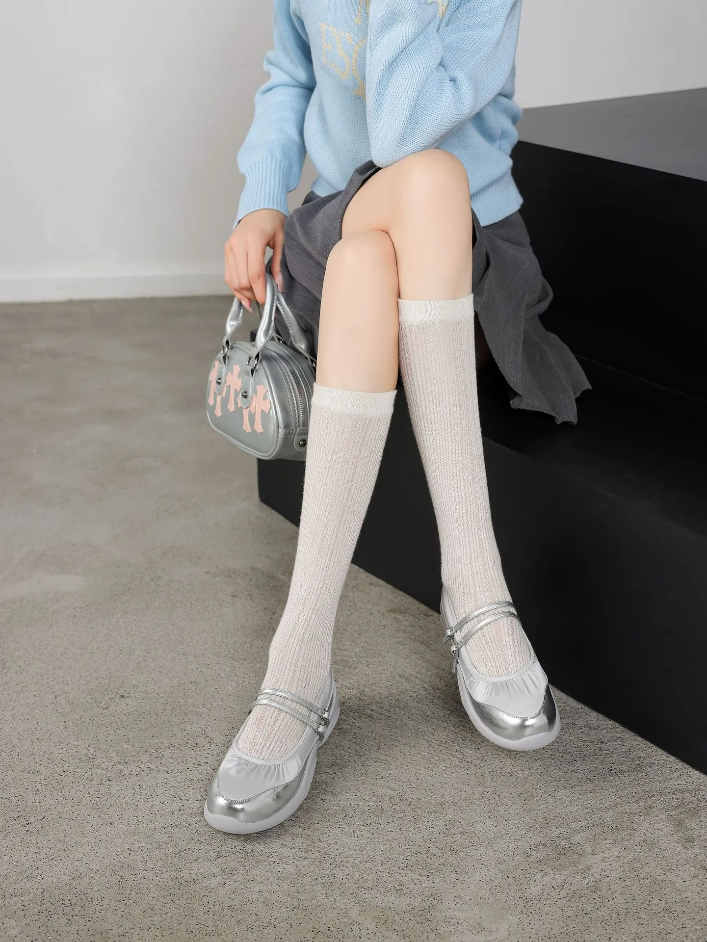 Comfortable sporty platform double-breasted Mary Jane shoes for spring and autumn, low-heeled, flat, round-toe, black and silver genuine leather.