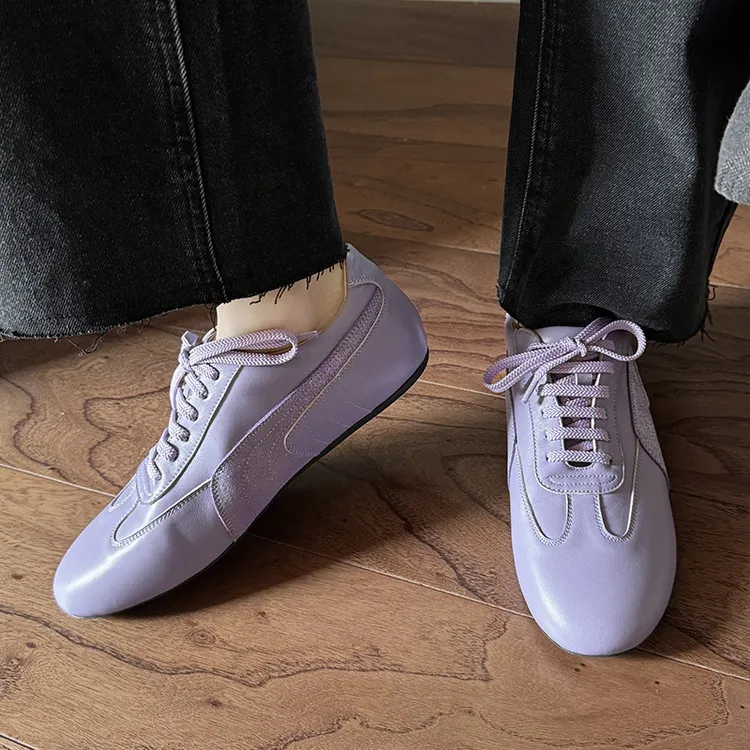 Spring round-toe lace-up flats, sheepskin fashion shoes, women's sheepskin shoes, white, pink, purple, 11-9c