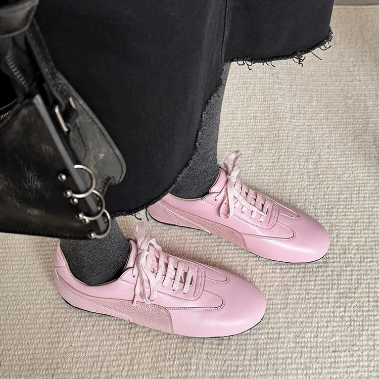Spring round-toe lace-up flats, sheepskin fashion shoes, women's sheepskin shoes, white, pink, purple, 11-9c