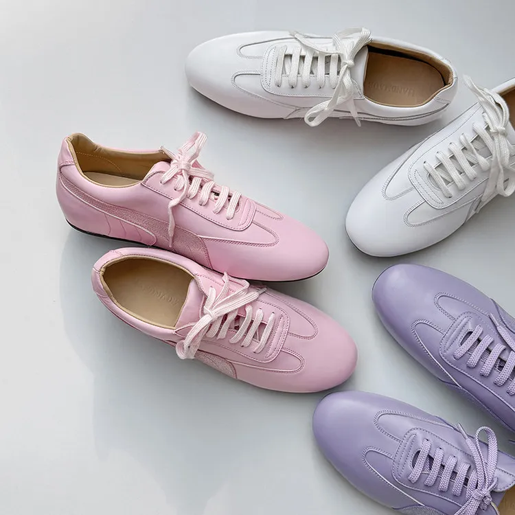 Spring round-toe lace-up flats, sheepskin fashion shoes, women's sheepskin shoes, white, pink, purple, 11-9c