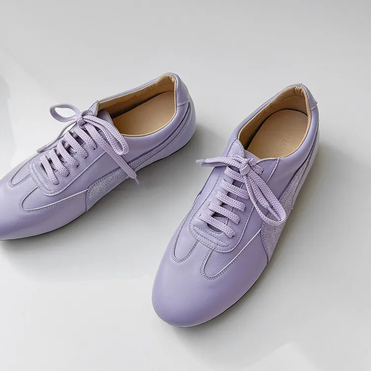 Spring round-toe lace-up flats, sheepskin fashion shoes, women's sheepskin shoes, white, pink, purple, 11-9c