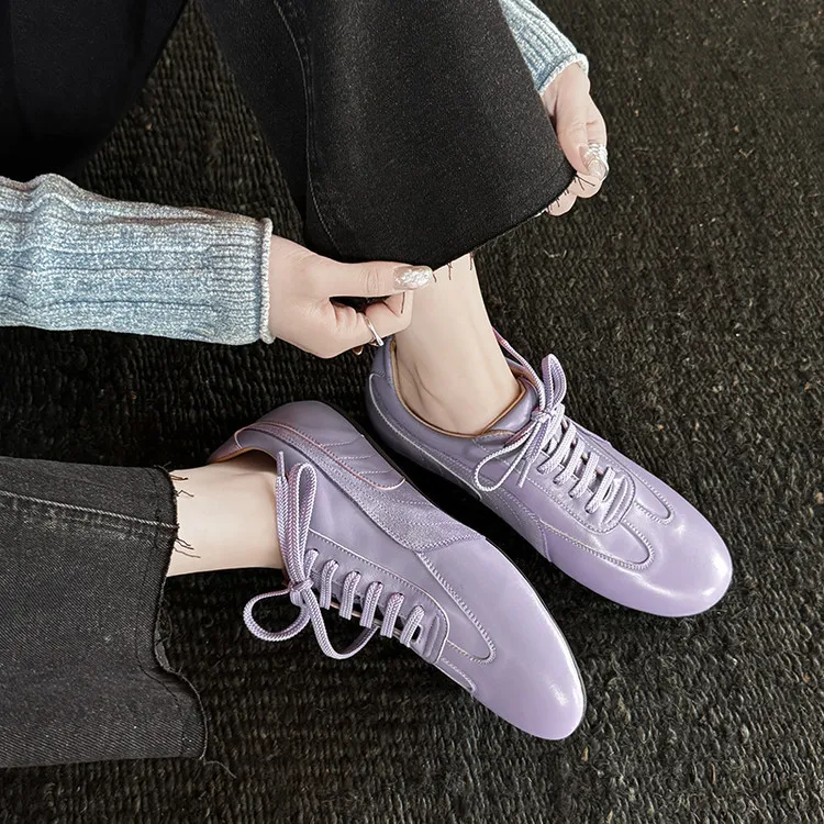 Spring round-toe lace-up flats, sheepskin fashion shoes, women's sheepskin shoes, white, pink, purple, 11-9c