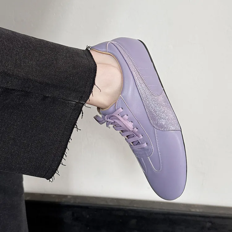 Spring round-toe lace-up flats, sheepskin fashion shoes, women's sheepskin shoes, white, pink, purple, 11-9c
