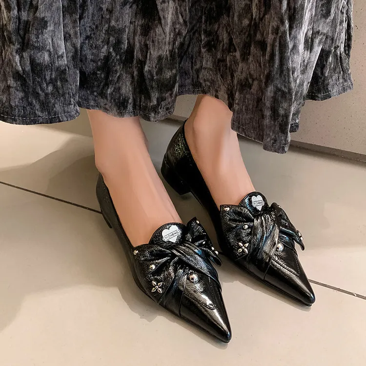 Spring pointed-toe chunky heel low-heel slip-on cowhide bow fashion women's shoes 22-9i