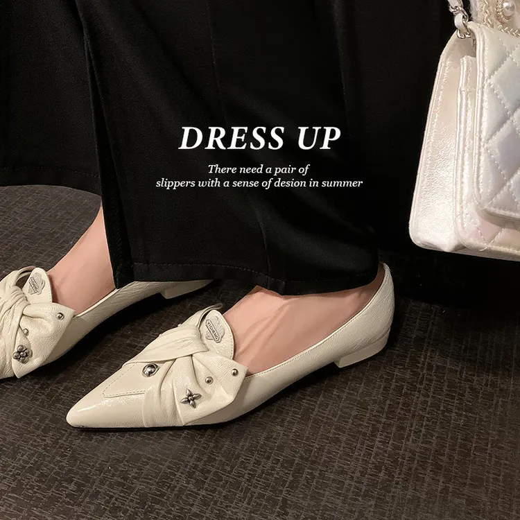 Spring pointed-toe chunky heel low-heel slip-on cowhide bow fashion women's shoes 22-9i