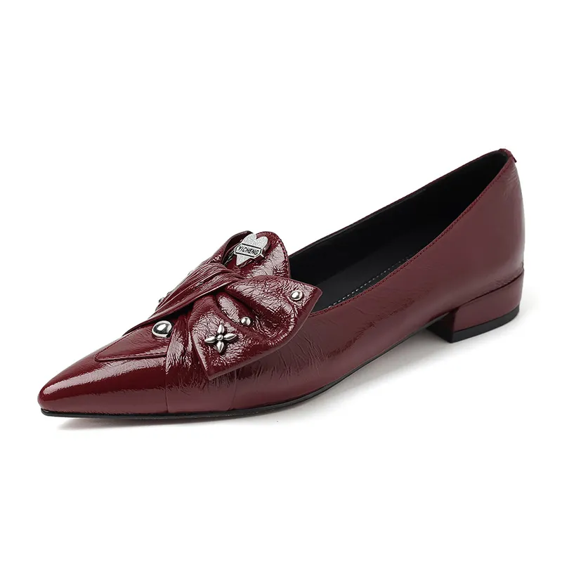 Spring pointed-toe chunky heel low-heel slip-on cowhide bow fashion women's shoes 22-9i