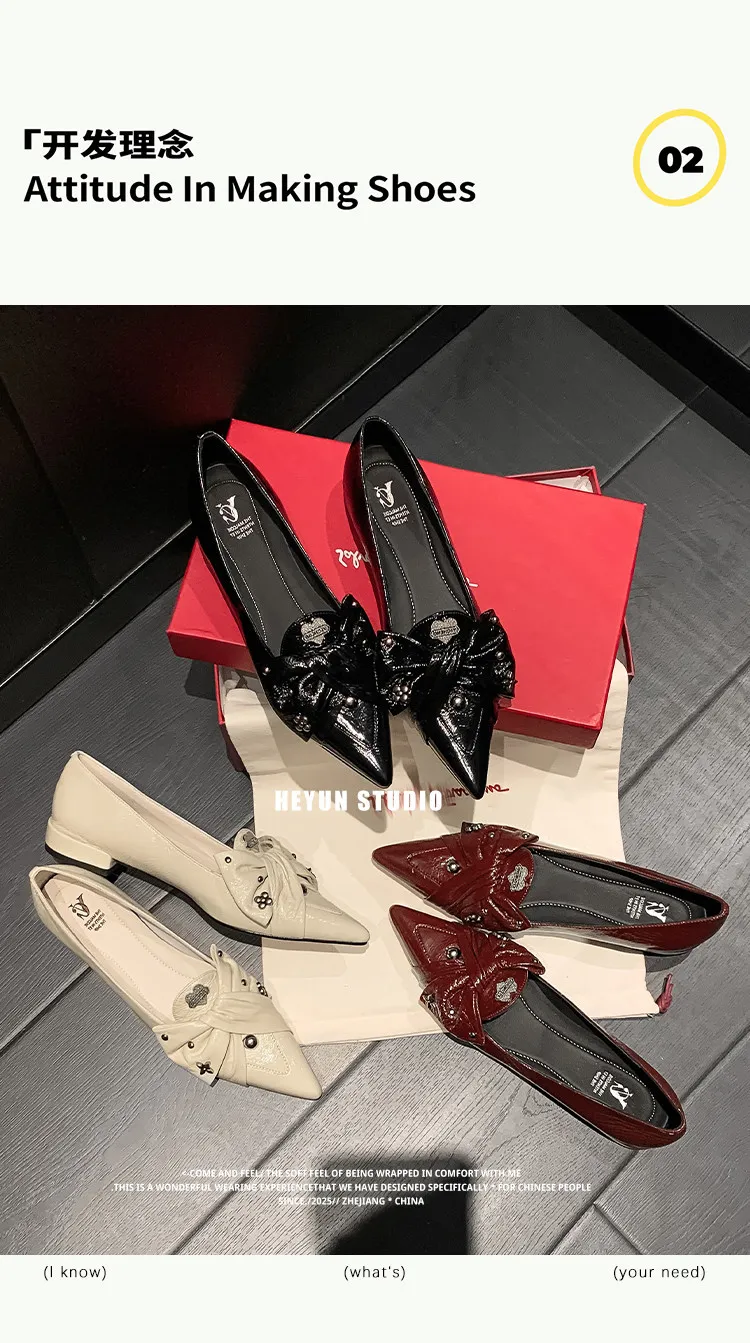 Spring pointed-toe chunky heel low-heel slip-on cowhide bow fashion women's shoes 22-9i