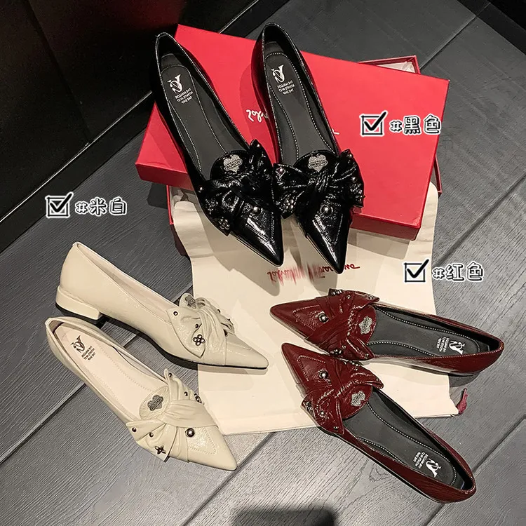 Spring pointed-toe chunky heel low-heel slip-on cowhide bow fashion women's shoes 22-9i