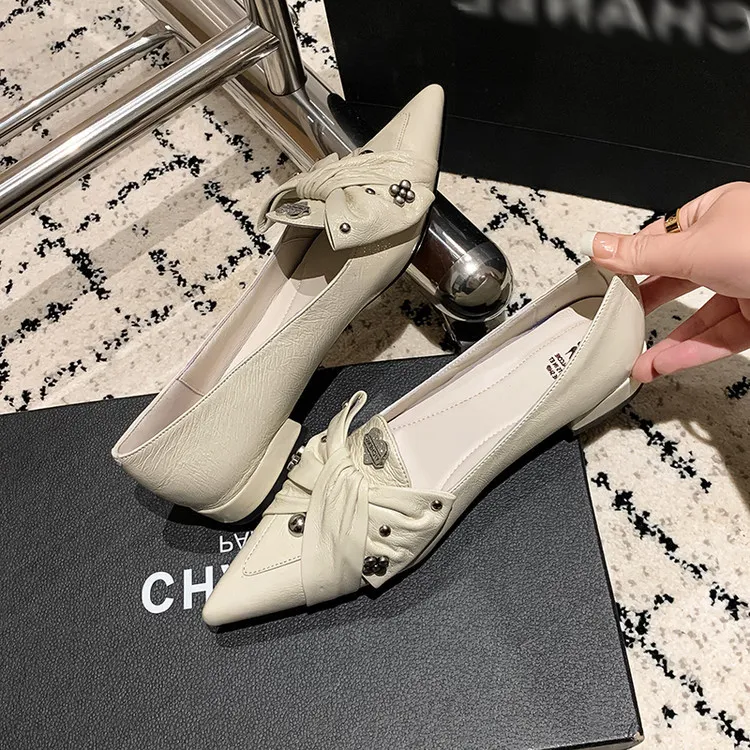 Spring pointed-toe chunky heel low-heel slip-on cowhide bow fashion women's shoes 22-9i