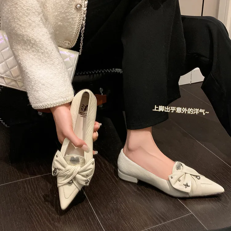 Spring pointed-toe chunky heel low-heel slip-on cowhide bow fashion women's shoes 22-9i