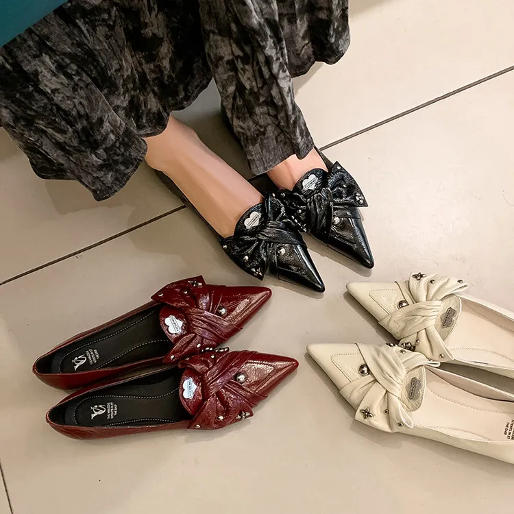 Spring pointed-toe chunky heel low-heel slip-on cowhide bow fashion women's shoes 22-9i