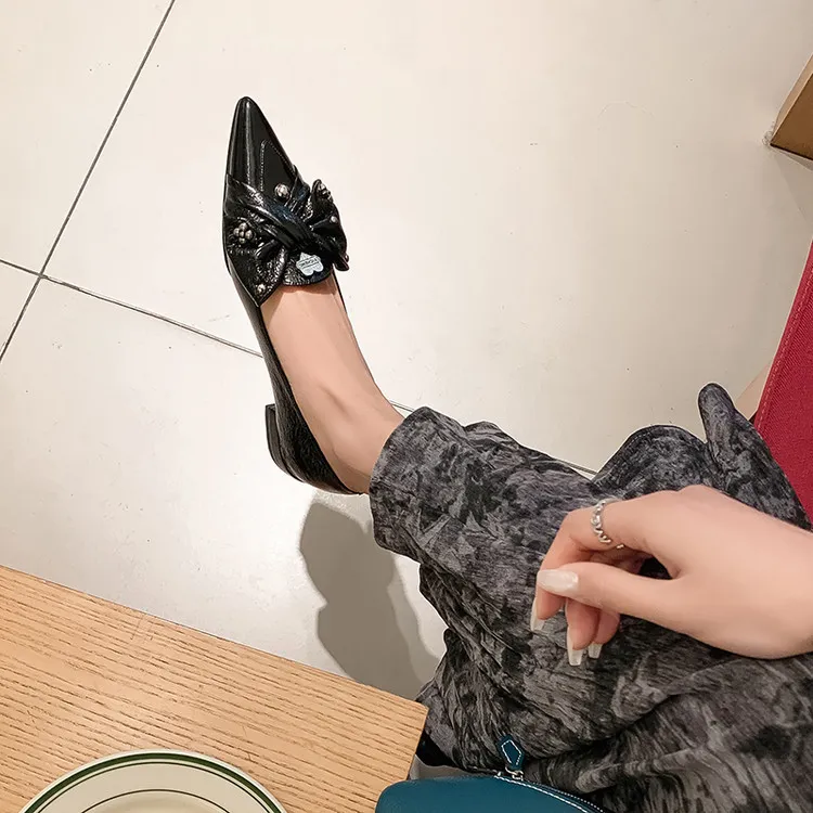 Spring pointed-toe chunky heel low-heel slip-on cowhide bow fashion women's shoes 22-9i