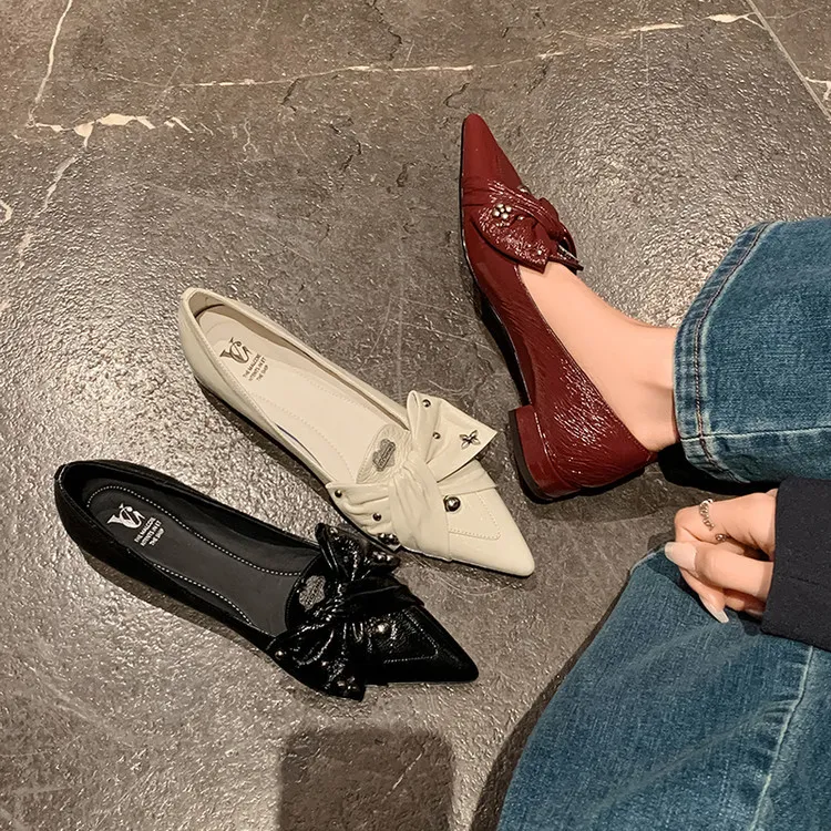 Spring pointed-toe chunky heel low-heel slip-on cowhide bow fashion women's shoes 22-9i