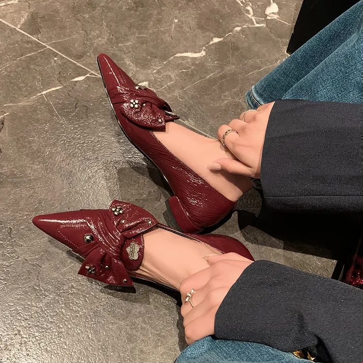 Spring pointed-toe chunky heel low-heel slip-on cowhide bow fashion women's shoes 22-9i