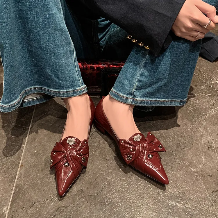 Spring pointed-toe chunky heel low-heel slip-on cowhide bow fashion women's shoes 22-9i