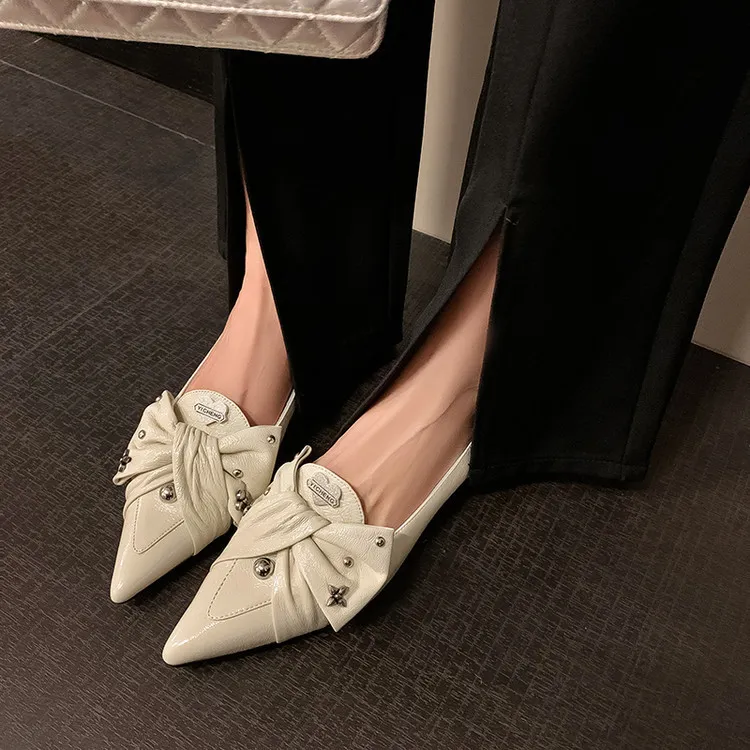 Spring pointed-toe chunky heel low-heel slip-on cowhide bow fashion women's shoes 22-9i