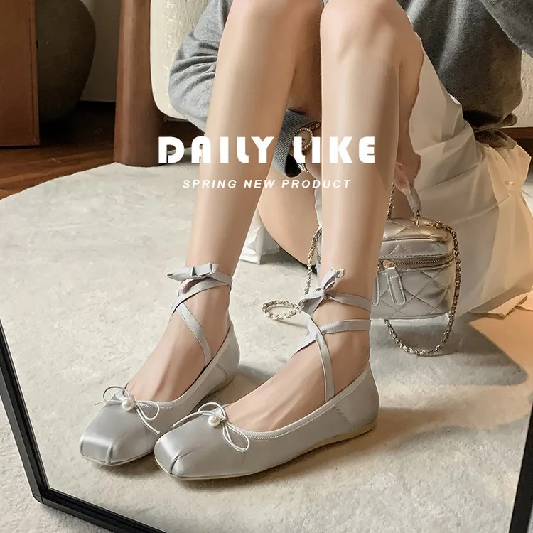 Spring and Autumn Square Toe Flat Shoes with Bow Knot, Pink and Gray Fashion Women's Shoes, Size 22-90
