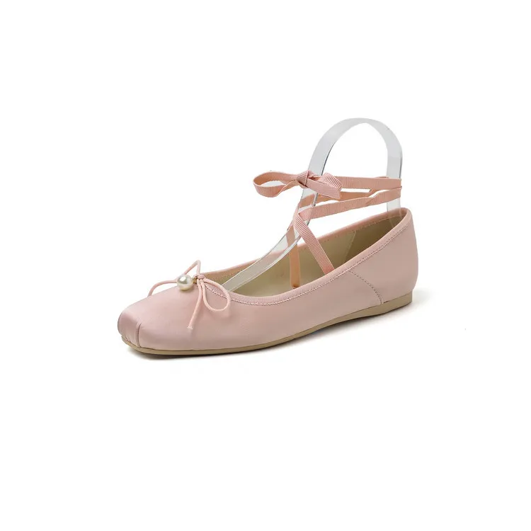 Spring and Autumn Square Toe Flat Shoes with Bow Knot, Pink and Gray Fashion Women's Shoes, Size 22-90