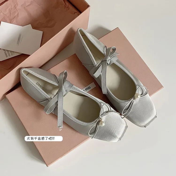 Spring and Autumn Square Toe Flat Shoes with Bow Knot, Pink and Gray Fashion Women's Shoes, Size 22-90