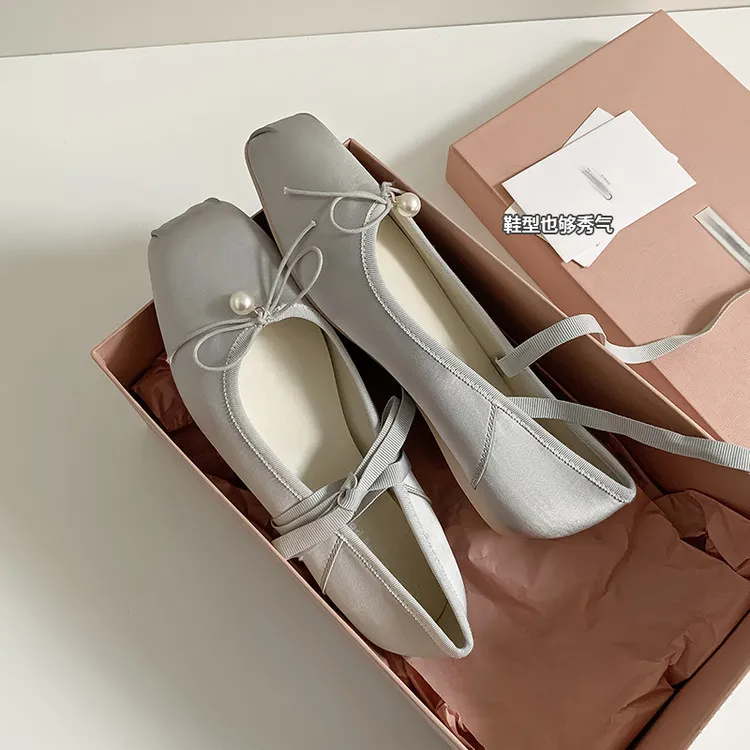 Spring and Autumn Square Toe Flat Shoes with Bow Knot, Pink and Gray Fashion Women's Shoes, Size 22-90