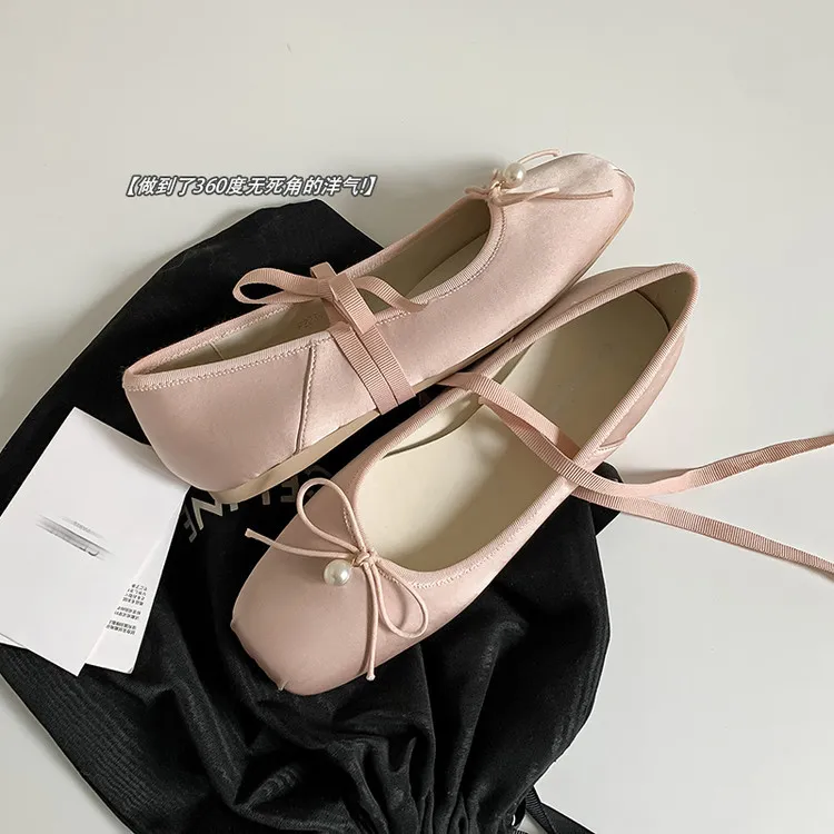 Spring and Autumn Square Toe Flat Shoes with Bow Knot, Pink and Gray Fashion Women's Shoes, Size 22-90