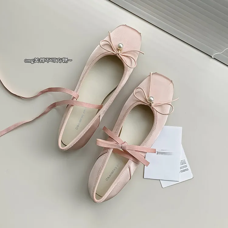 Spring and Autumn Square Toe Flat Shoes with Bow Knot, Pink and Gray Fashion Women's Shoes, Size 22-90