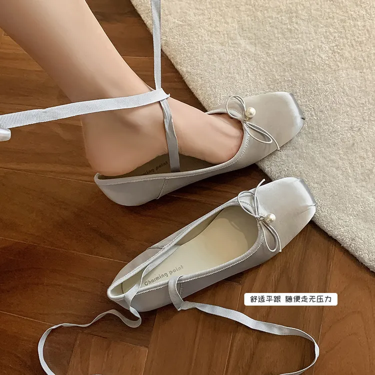 Spring and Autumn Square Toe Flat Shoes with Bow Knot, Pink and Gray Fashion Women's Shoes, Size 22-90