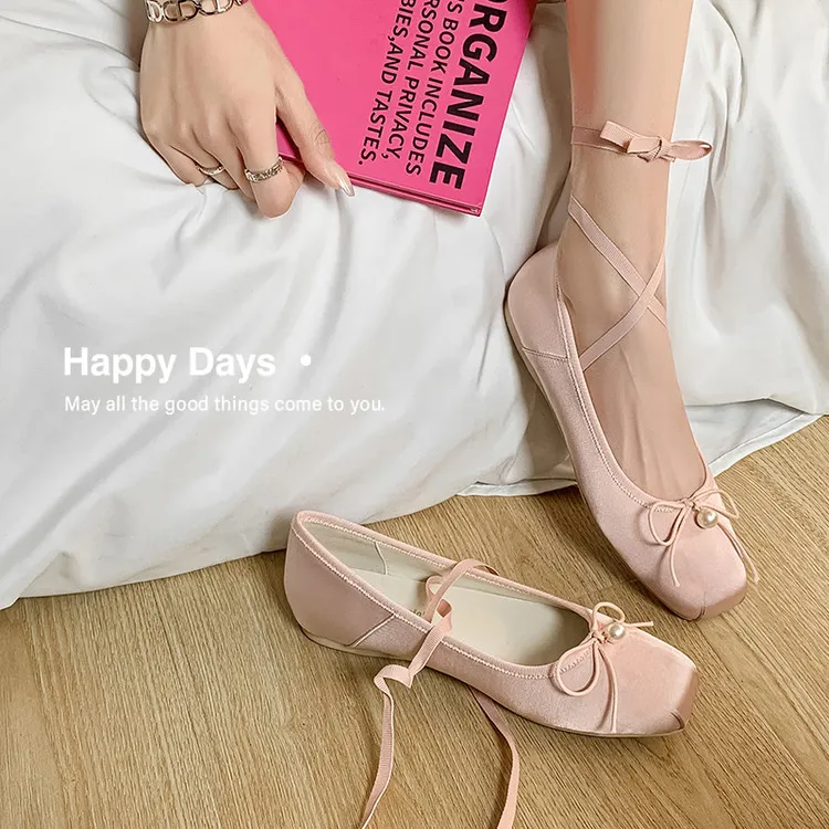 Spring and Autumn Square Toe Flat Shoes with Bow Knot, Pink and Gray Fashion Women's Shoes, Size 22-90