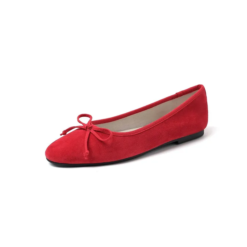 Soft sheepskin fashionable women's shoes for spring and autumn, round toe, low mouth, slip-on, flat heel, bow.
