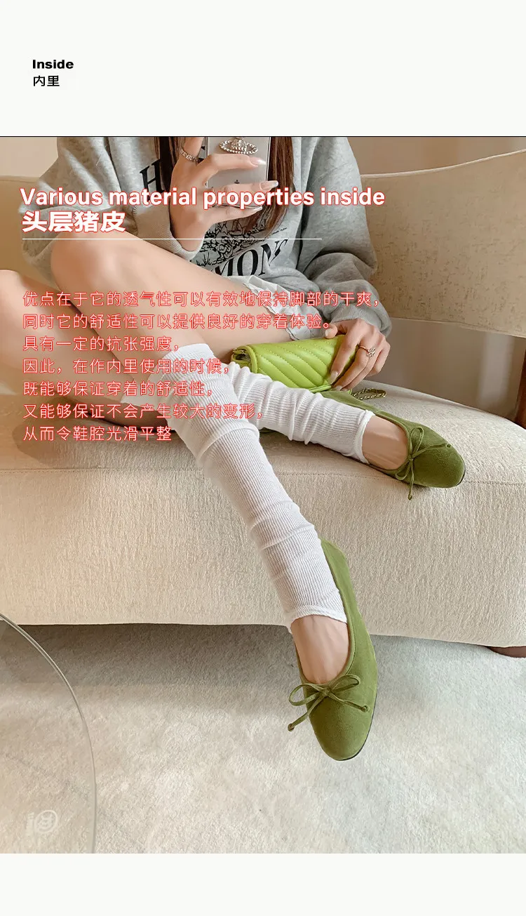 Soft sheepskin fashionable women's shoes for spring and autumn, round toe, low mouth, slip-on, flat heel, bow.
