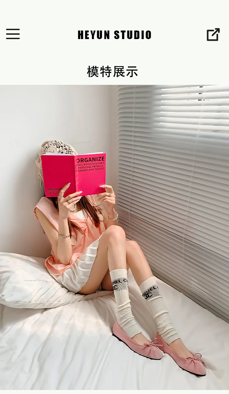 Soft sheepskin fashionable women's shoes for spring and autumn, round toe, low mouth, slip-on, flat heel, bow.
