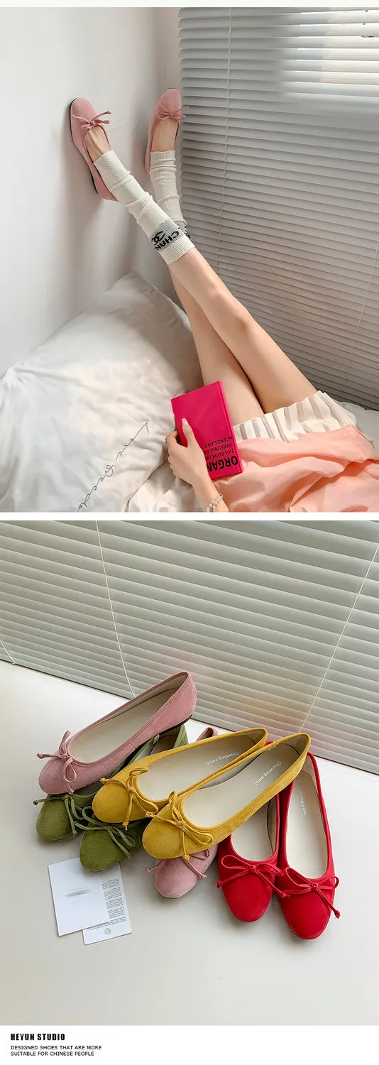 Soft sheepskin fashionable women's shoes for spring and autumn, round toe, low mouth, slip-on, flat heel, bow.