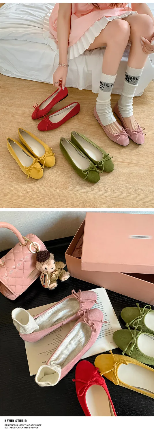 Soft sheepskin fashionable women's shoes for spring and autumn, round toe, low mouth, slip-on, flat heel, bow.