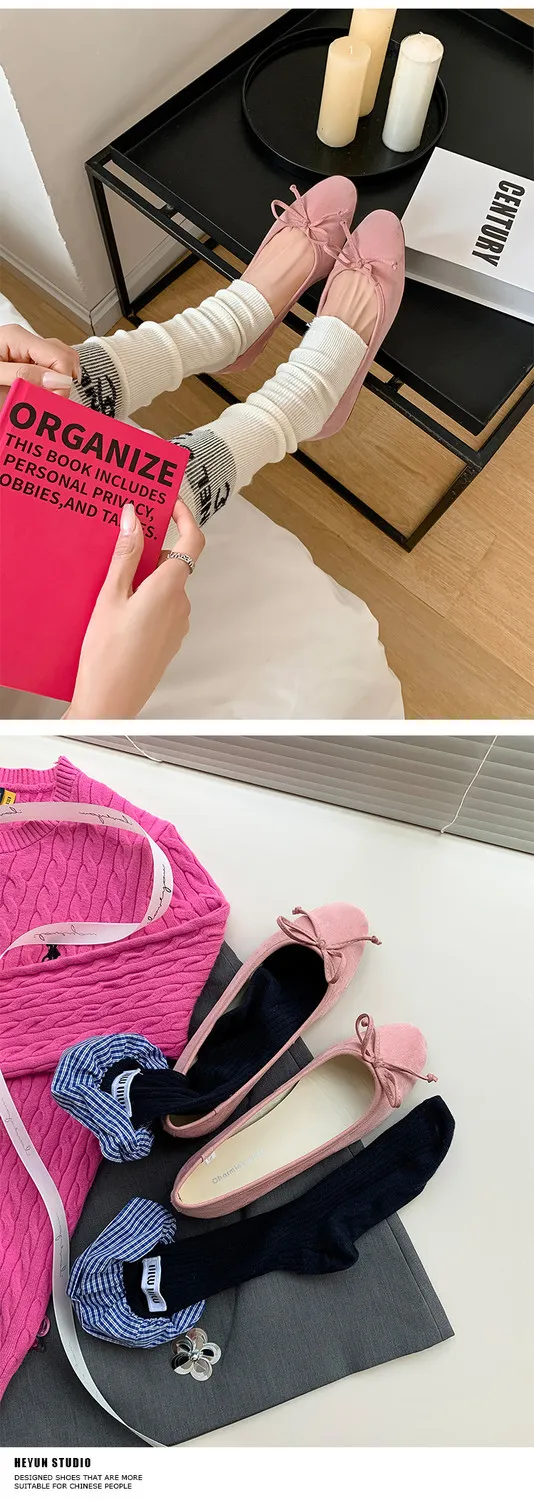 Soft sheepskin fashionable women's shoes for spring and autumn, round toe, low mouth, slip-on, flat heel, bow.