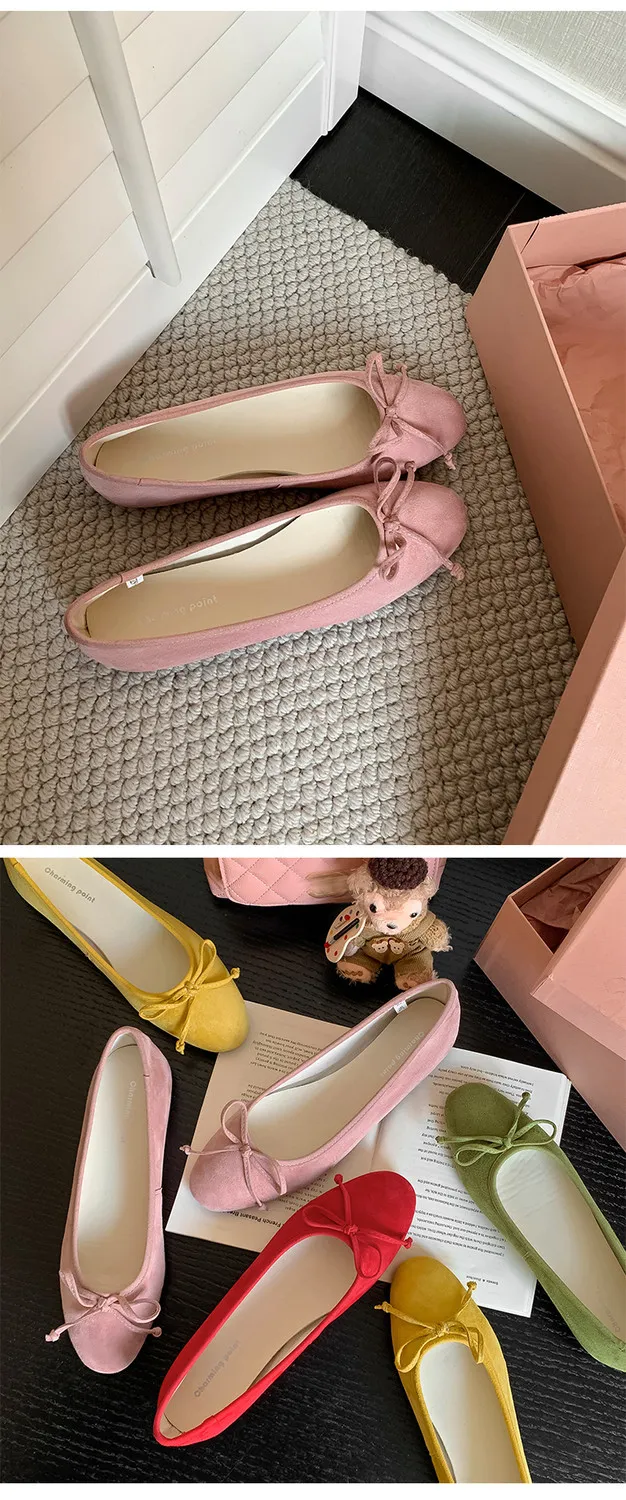 Soft sheepskin fashionable women's shoes for spring and autumn, round toe, low mouth, slip-on, flat heel, bow.