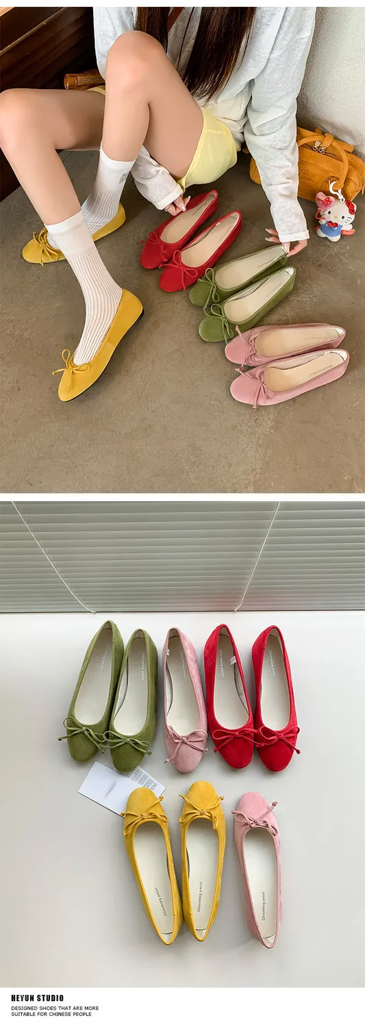 Soft sheepskin fashionable women's shoes for spring and autumn, round toe, low mouth, slip-on, flat heel, bow.