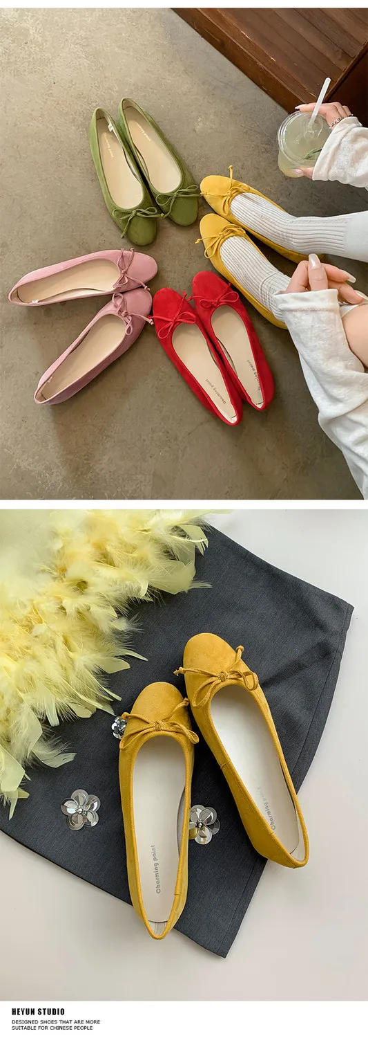 Soft sheepskin fashionable women's shoes for spring and autumn, round toe, low mouth, slip-on, flat heel, bow.