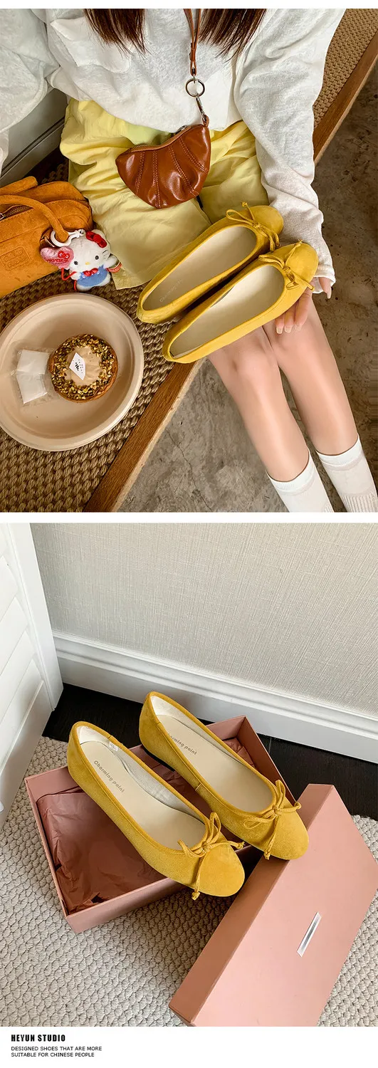 Soft sheepskin fashionable women's shoes for spring and autumn, round toe, low mouth, slip-on, flat heel, bow.