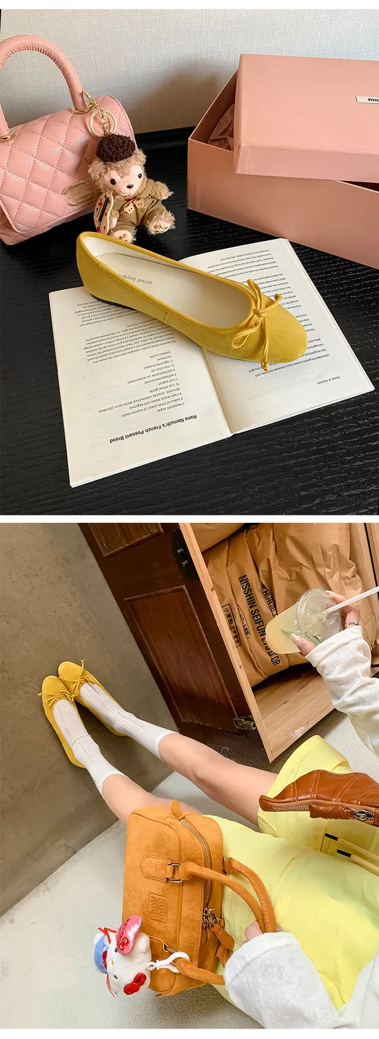 Soft sheepskin fashionable women's shoes for spring and autumn, round toe, low mouth, slip-on, flat heel, bow.