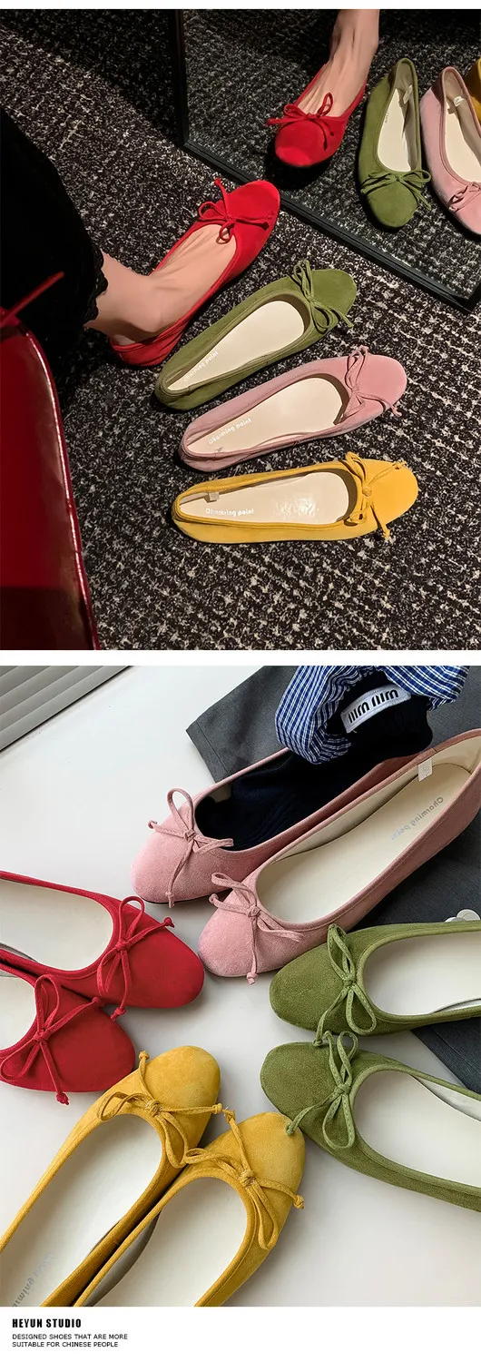 Soft sheepskin fashionable women's shoes for spring and autumn, round toe, low mouth, slip-on, flat heel, bow.