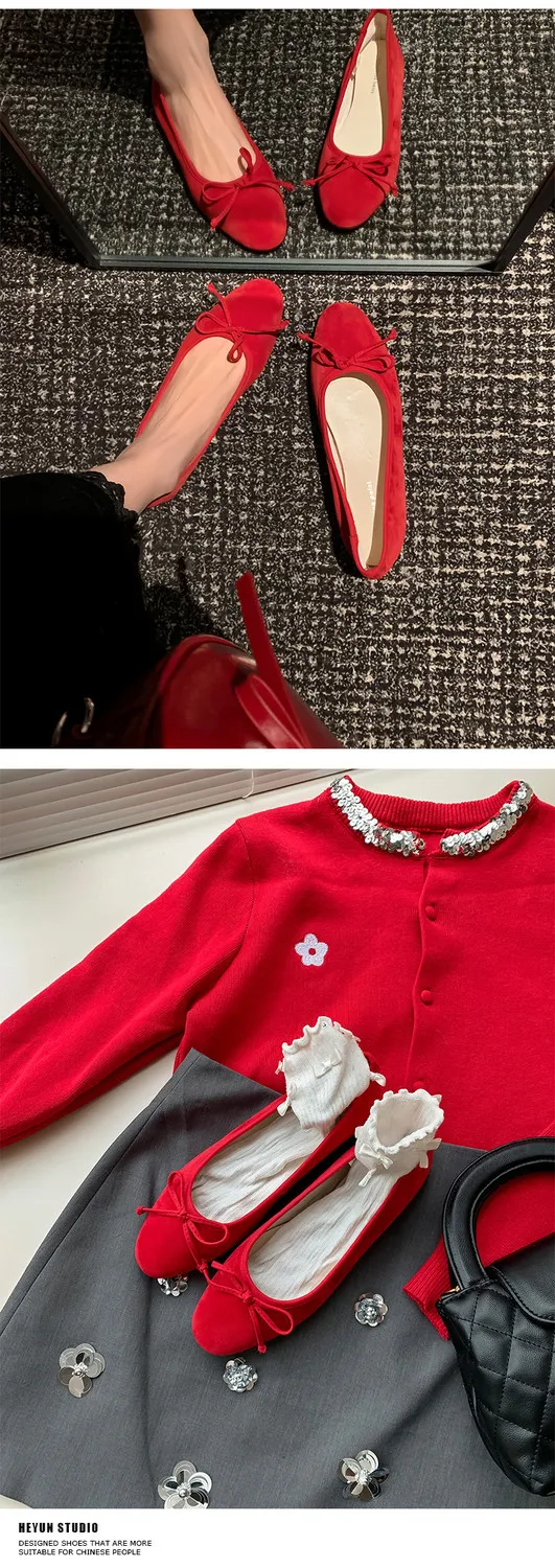 Soft sheepskin fashionable women's shoes for spring and autumn, round toe, low mouth, slip-on, flat heel, bow.